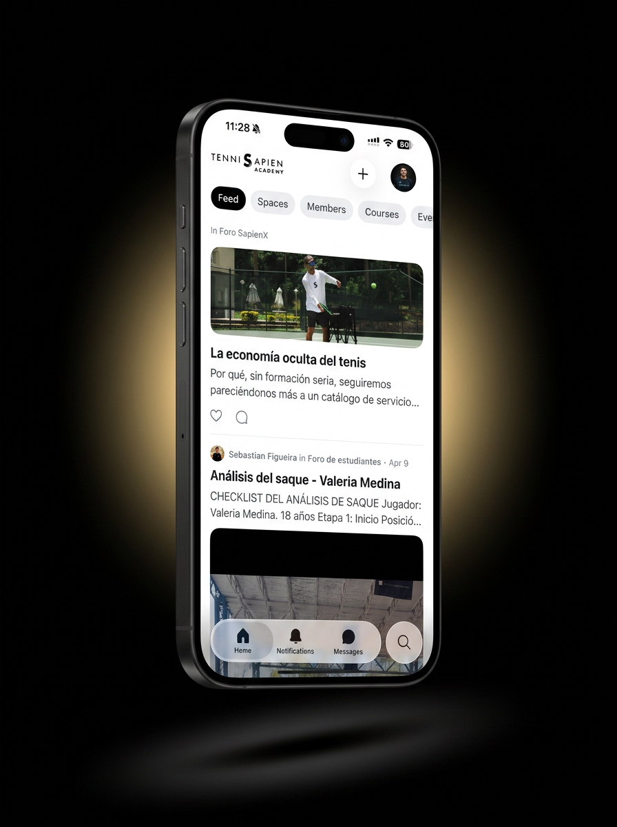 iPhone mostrando la app de TenniSapien Academy con el feed de la comunidad.